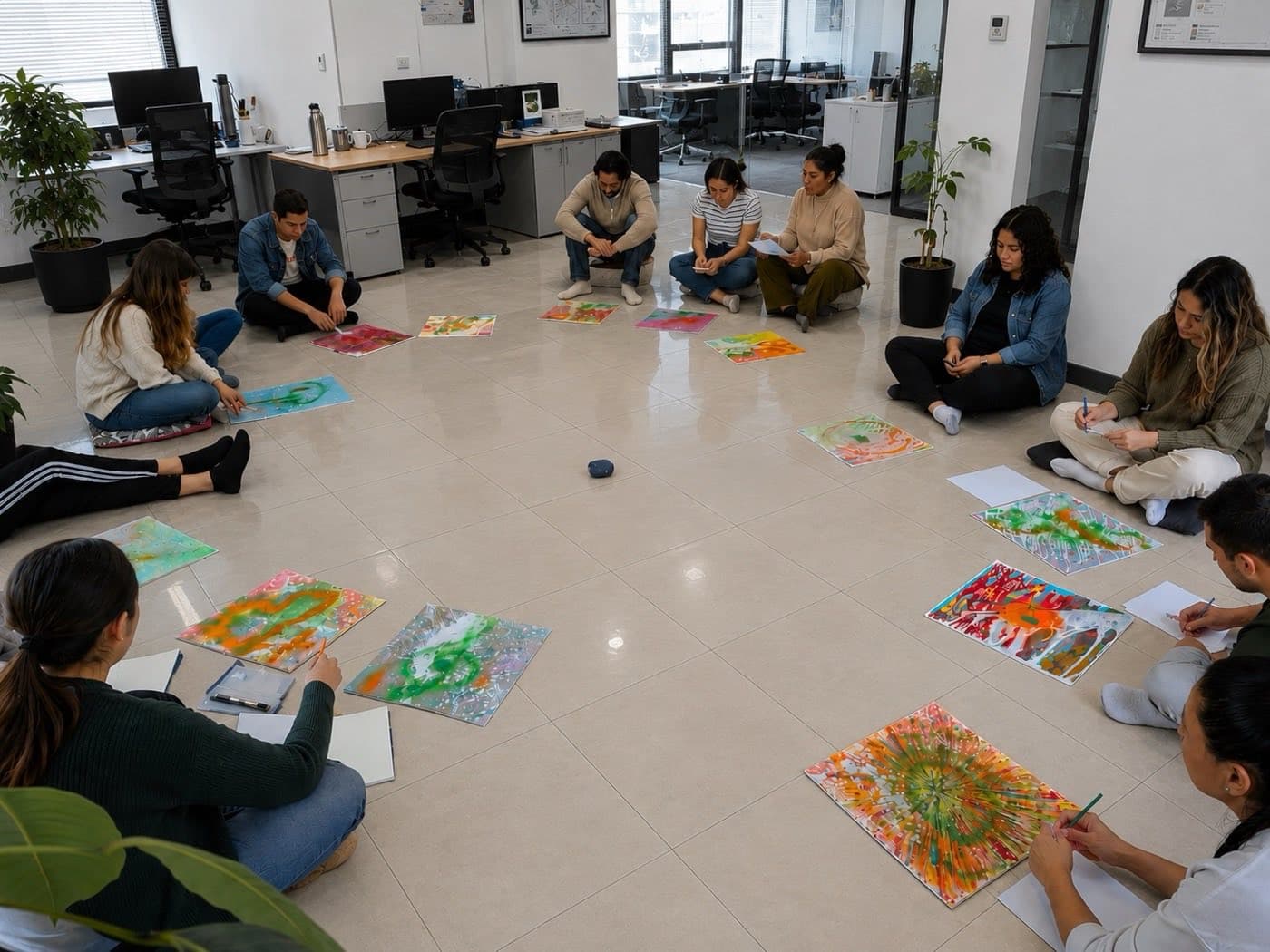 Equipo de oficina con las manos levantadas en círculo durante una dinámica de un taller Mirari.